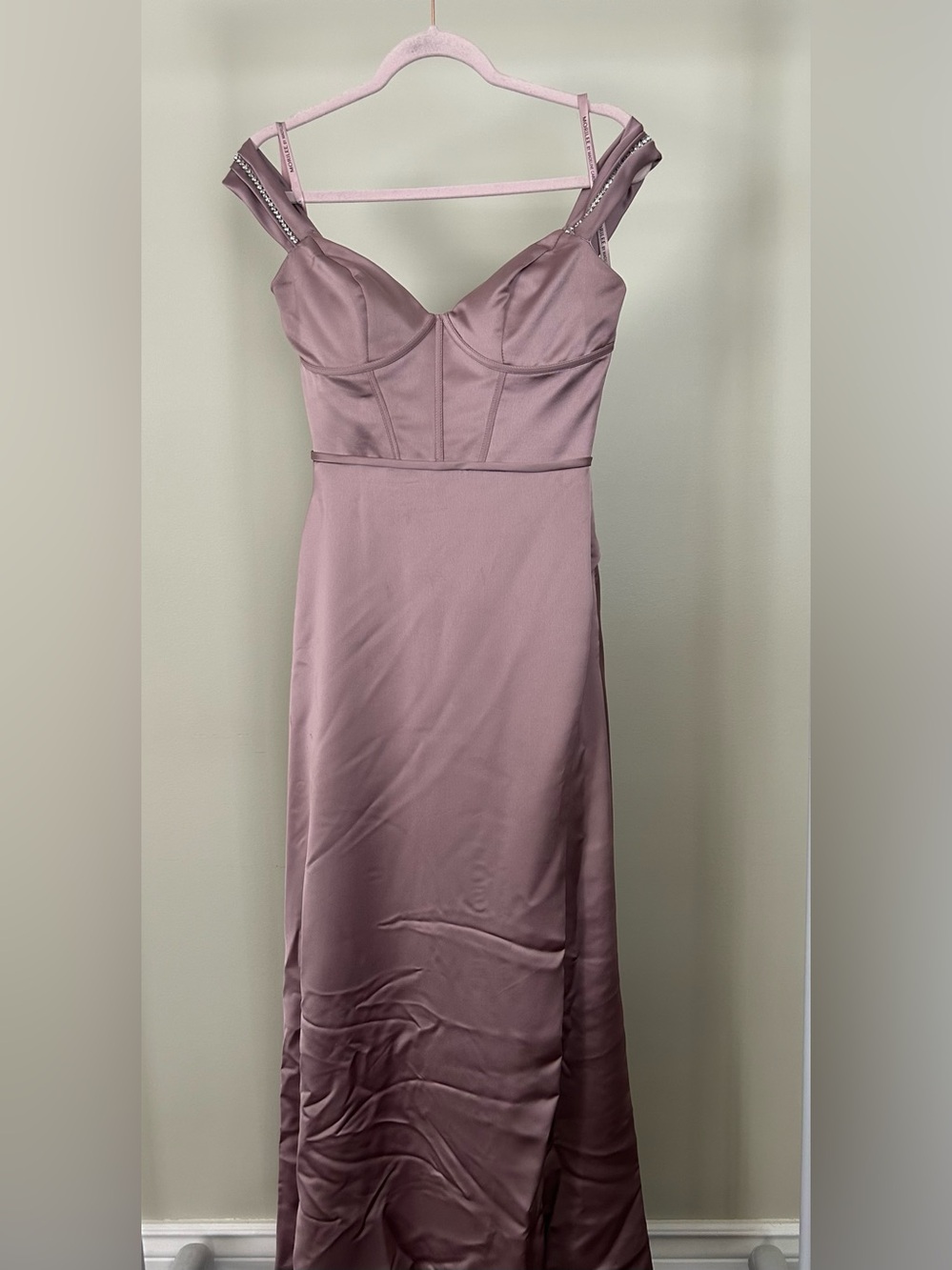 Mori Lee Dusty Rose Satin Maxi Dress with Off-Shoulder Straps